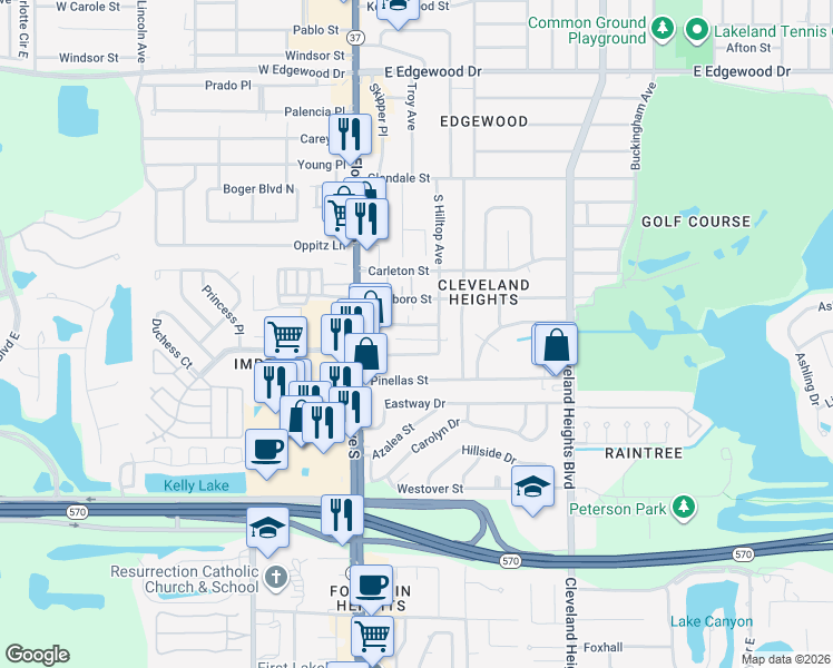 map of restaurants, bars, coffee shops, grocery stores, and more near 410 High View Lane in Lakeland