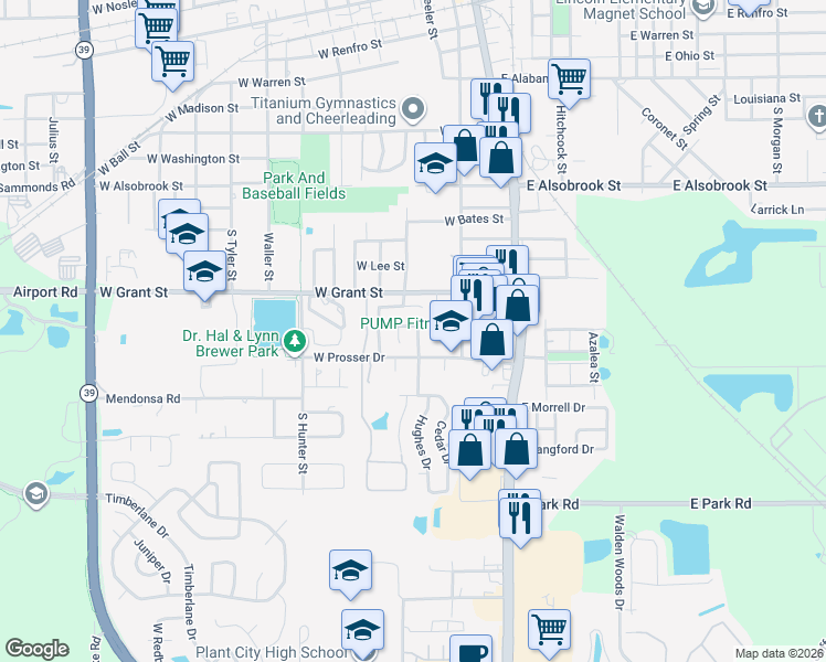 map of restaurants, bars, coffee shops, grocery stores, and more near 109 Orange Bud Way in Plant City