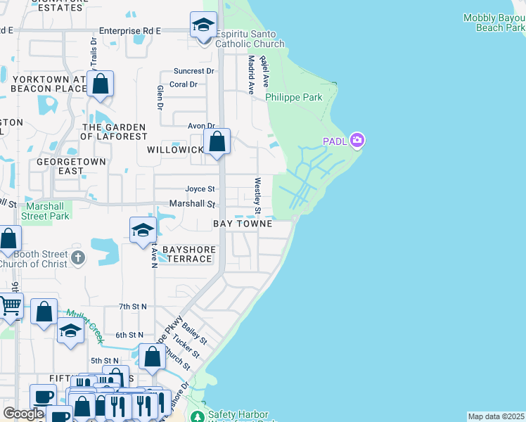 map of restaurants, bars, coffee shops, grocery stores, and more near 404 East Marshall Street in Safety Harbor