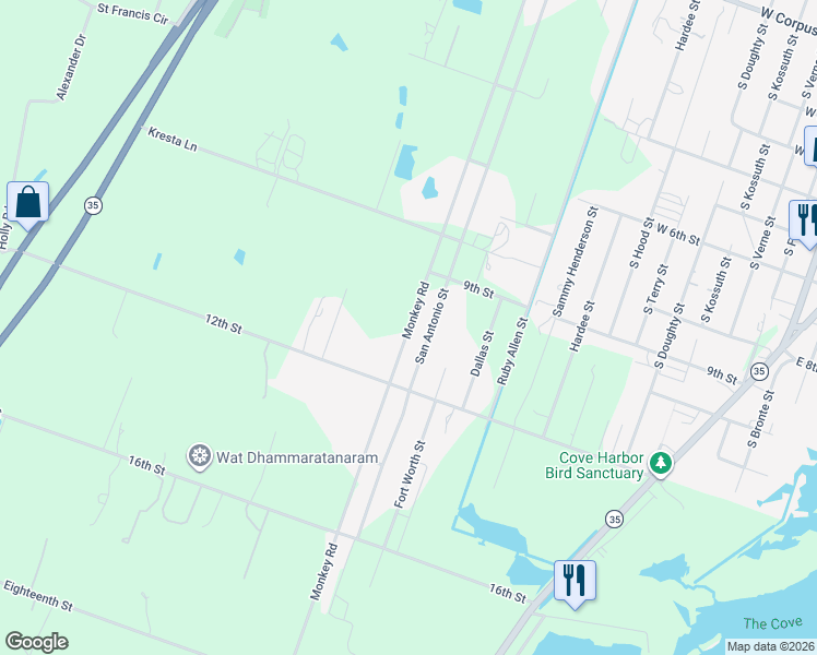map of restaurants, bars, coffee shops, grocery stores, and more near 1927 San Antonio Street in Rockport
