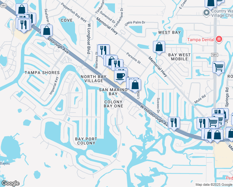 map of restaurants, bars, coffee shops, grocery stores, and more near 10424 Saint Tropez Place in Tampa