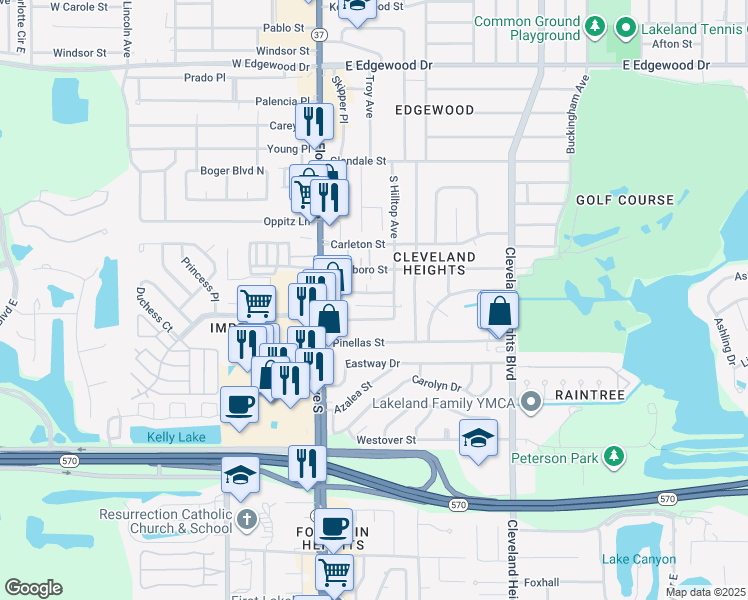 map of restaurants, bars, coffee shops, grocery stores, and more near 410 High View Lane in Lakeland