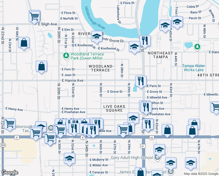 map of restaurants, bars, coffee shops, grocery stores, and more near 3616 East Grove Street in Tampa