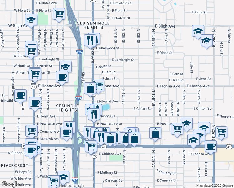 map of restaurants, bars, coffee shops, grocery stores, and more near 6003 North Flora Vista Avenue in Tampa