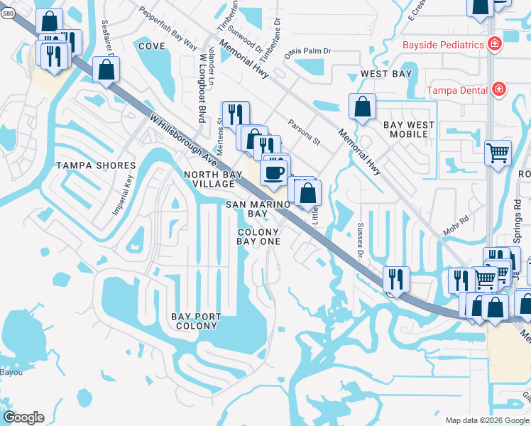 map of restaurants, bars, coffee shops, grocery stores, and more near 10424 Saint Tropez Place in Tampa