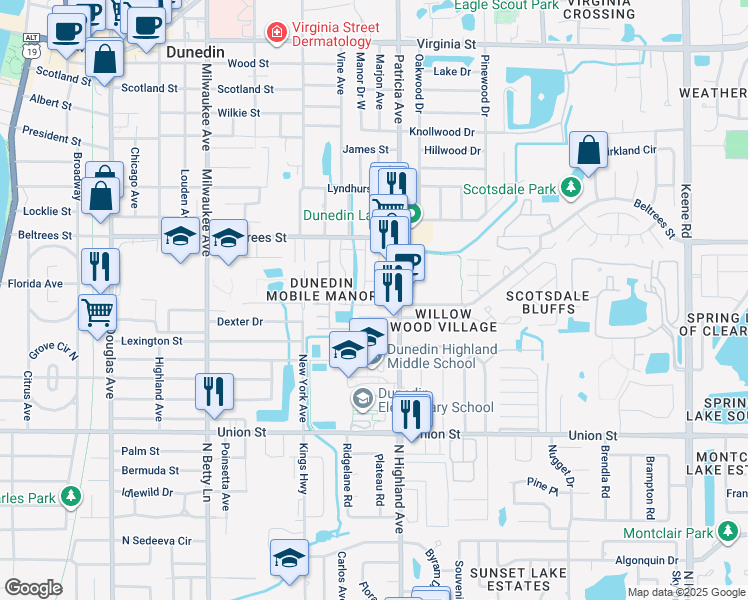 map of restaurants, bars, coffee shops, grocery stores, and more near 154 Patricia Avenue in Dunedin