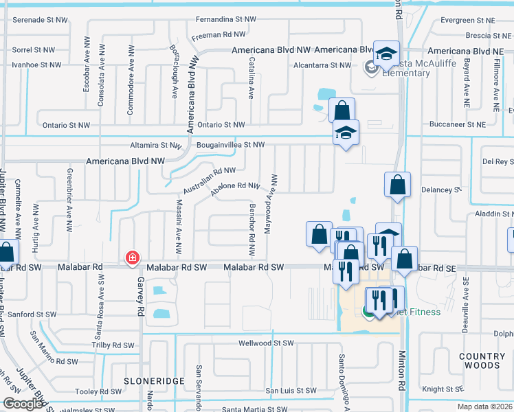 map of restaurants, bars, coffee shops, grocery stores, and more near 205 Maywood Avenue Northwest in Palm Bay