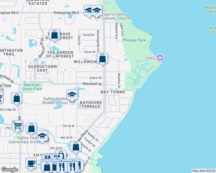 map of restaurants, bars, coffee shops, grocery stores, and more near 288 Salem Street in Safety Harbor