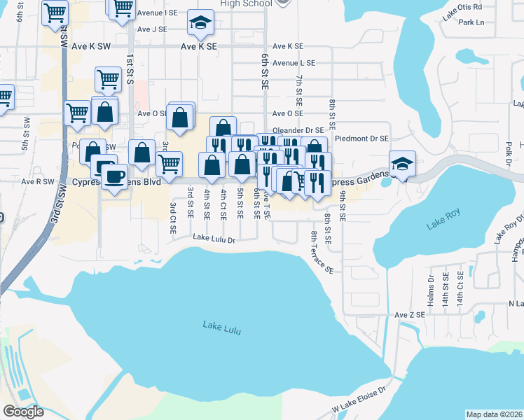 map of restaurants, bars, coffee shops, grocery stores, and more near 1822 6th Street Southeast in Winter Haven