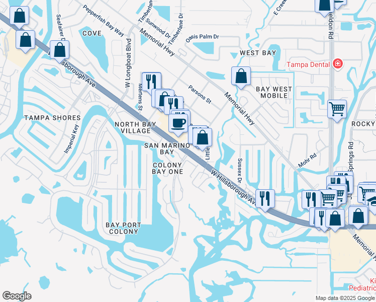 map of restaurants, bars, coffee shops, grocery stores, and more near West Hillsborough Avenue & East Longboat Boulevard in Town 'n' Country
