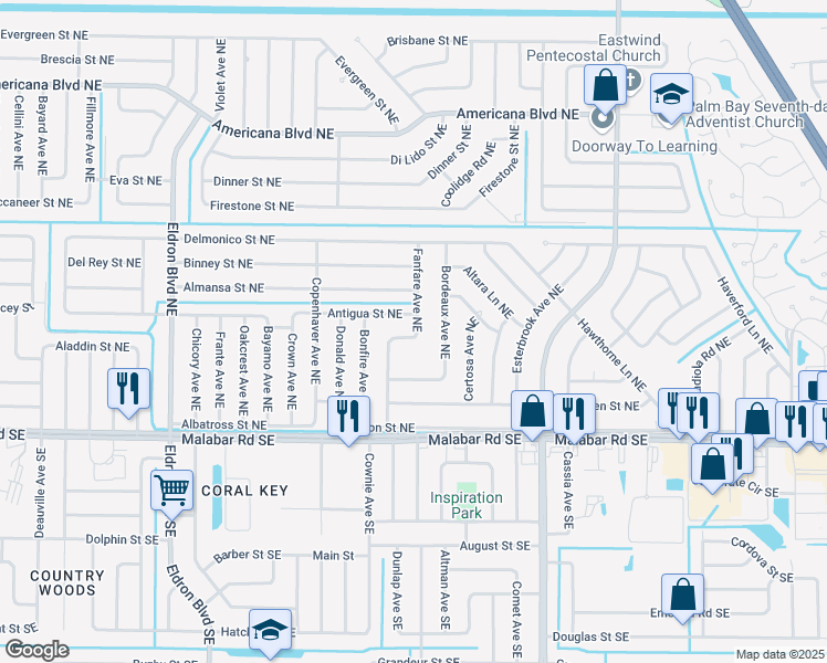 map of restaurants, bars, coffee shops, grocery stores, and more near 204 Fanfare Avenue Northeast in Palm Bay