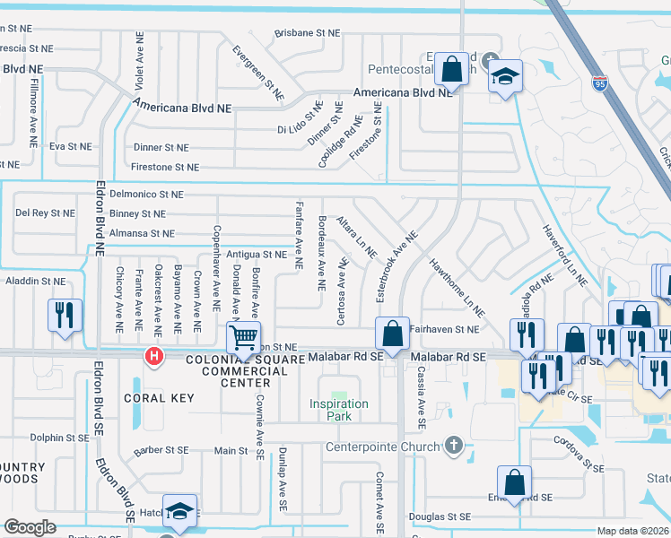 map of restaurants, bars, coffee shops, grocery stores, and more near 233 Bordeaux Avenue Northeast in Palm Bay