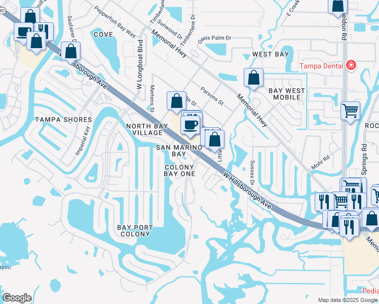 map of restaurants, bars, coffee shops, grocery stores, and more near 10403 La Mirage Court in Tampa