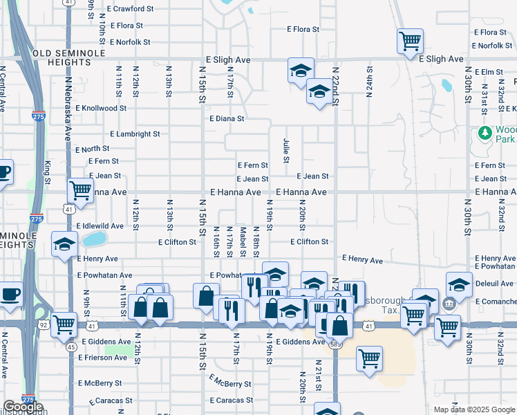 map of restaurants, bars, coffee shops, grocery stores, and more near 6004 North 18th Street in Tampa