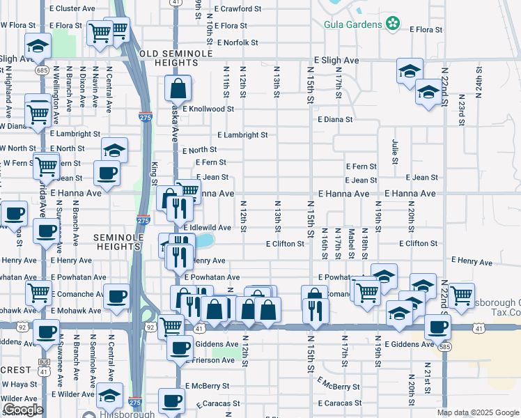 map of restaurants, bars, coffee shops, grocery stores, and more near 1211 East Paris Street in Tampa