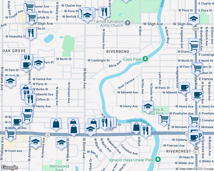 map of restaurants, bars, coffee shops, grocery stores, and more near 5924 River Terrace in Tampa