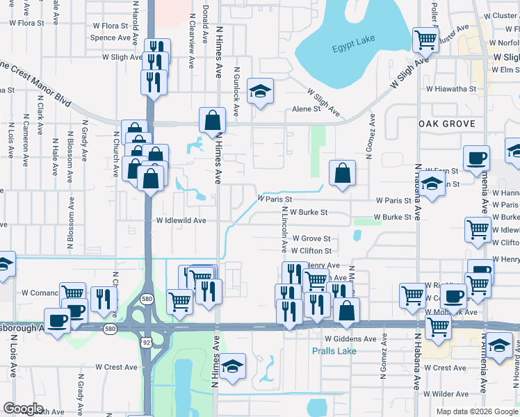 map of restaurants, bars, coffee shops, grocery stores, and more near 3318 West Burke Street in Tampa