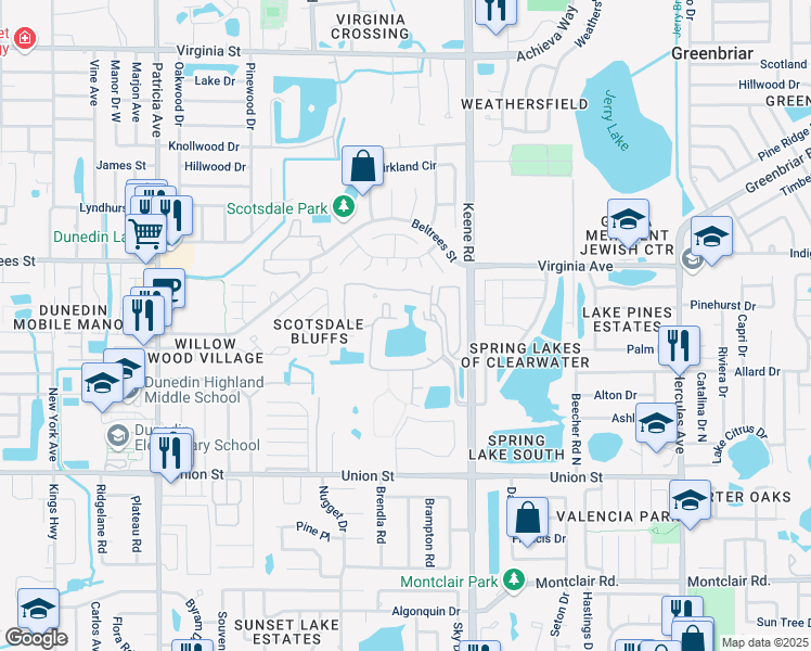 map of restaurants, bars, coffee shops, grocery stores, and more near 1371 Killie Court in Dunedin