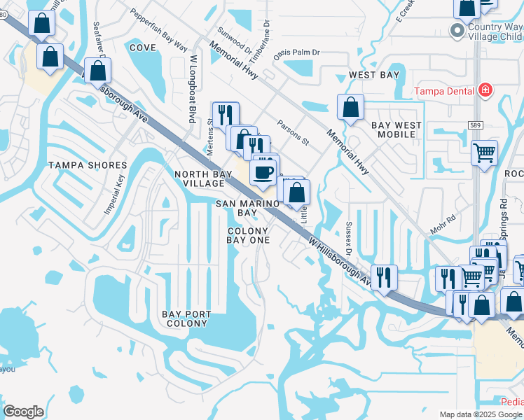 map of restaurants, bars, coffee shops, grocery stores, and more near 10419 La Mirage Court in Tampa