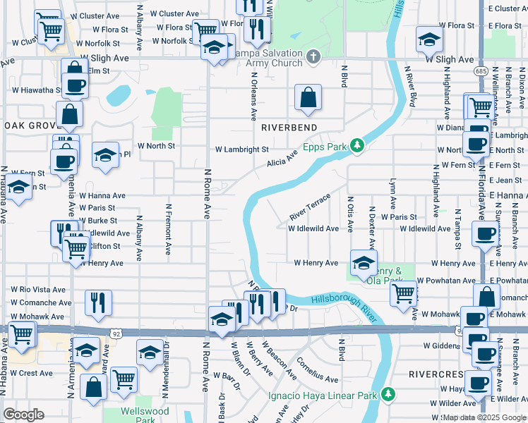 map of restaurants, bars, coffee shops, grocery stores, and more near 5924 River Terrace in Tampa