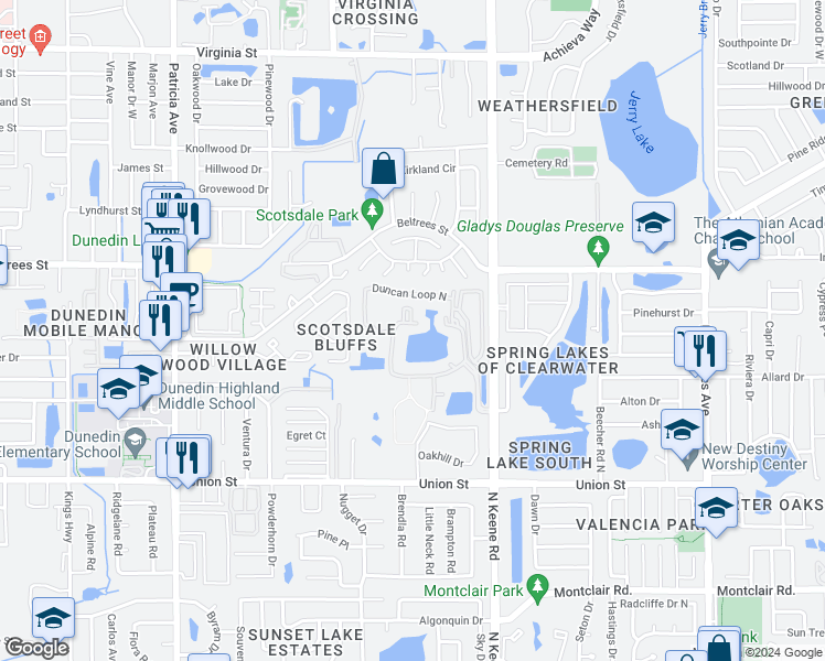 map of restaurants, bars, coffee shops, grocery stores, and more near 1371 Killie Court in Dunedin