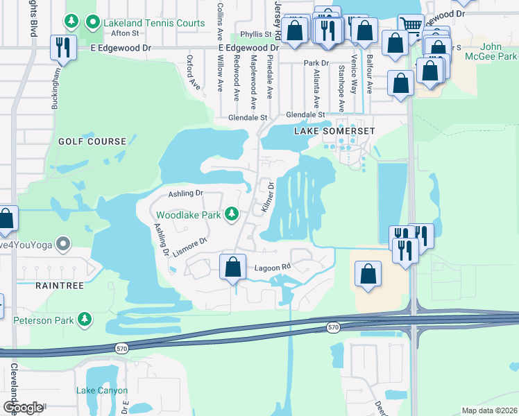 map of restaurants, bars, coffee shops, grocery stores, and more near 1511 Kipling Lane in Lakeland