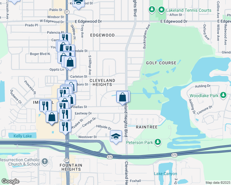 map of restaurants, bars, coffee shops, grocery stores, and more near 525 Flamingo Drive in Lakeland