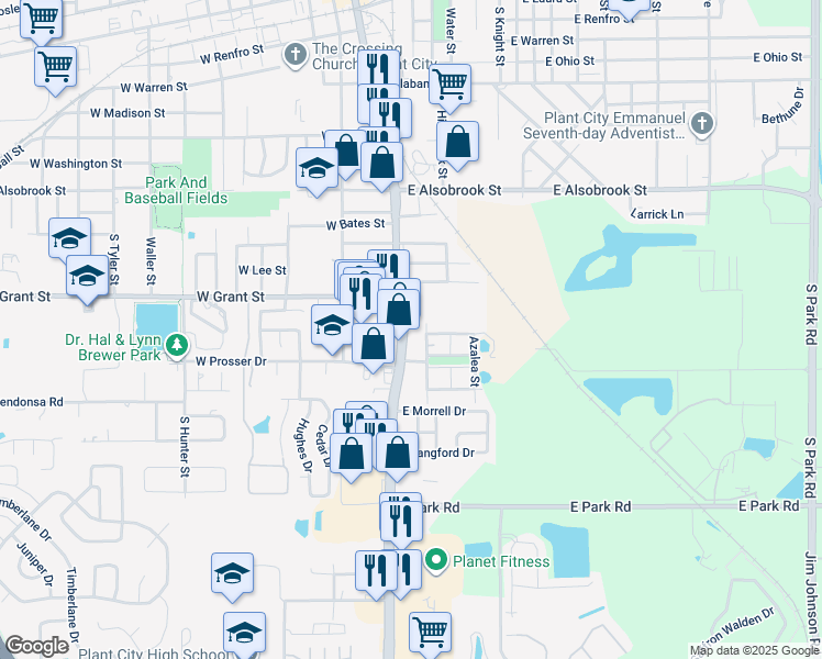 map of restaurants, bars, coffee shops, grocery stores, and more near 1413 McDonald Street in Plant City