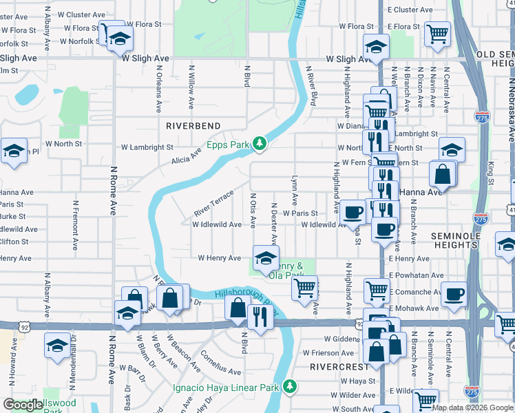 map of restaurants, bars, coffee shops, grocery stores, and more near 6003 North Otis Avenue in Tampa