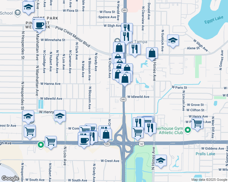 map of restaurants, bars, coffee shops, grocery stores, and more near 6008 North Dale Mabry Highway in Tampa