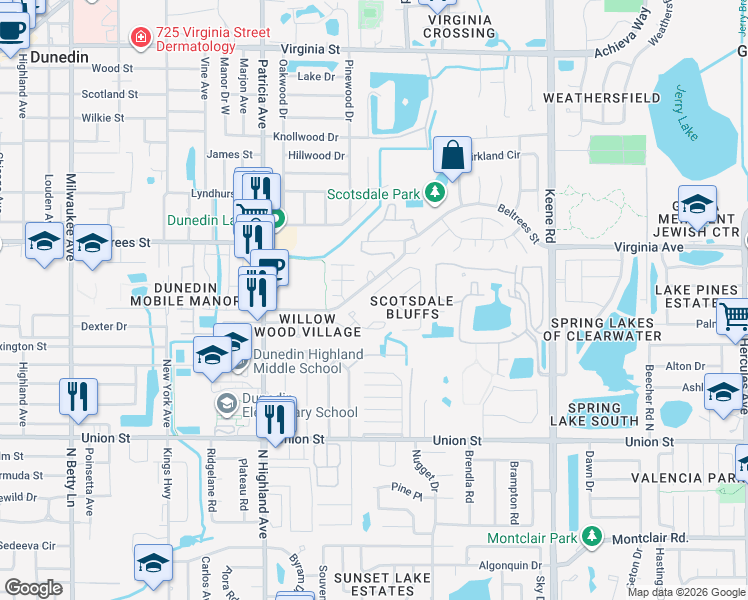 map of restaurants, bars, coffee shops, grocery stores, and more near 203 Somerset Circle South in Dunedin