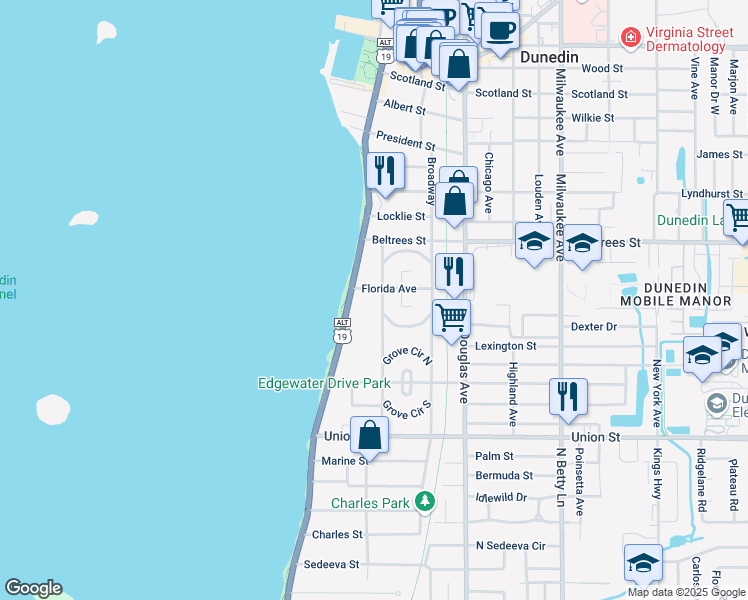 map of restaurants, bars, coffee shops, grocery stores, and more near 235 Edgewater Drive in Dunedin