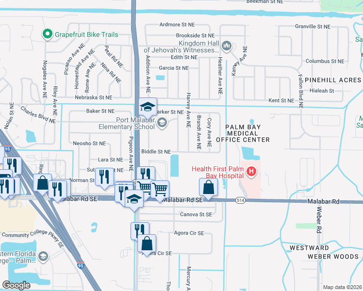 map of restaurants, bars, coffee shops, grocery stores, and more near 1855 Biddle Street Northeast in Palm Bay