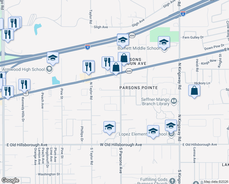 map of restaurants, bars, coffee shops, grocery stores, and more near 712 Vineyard Reserve Court in Seffner