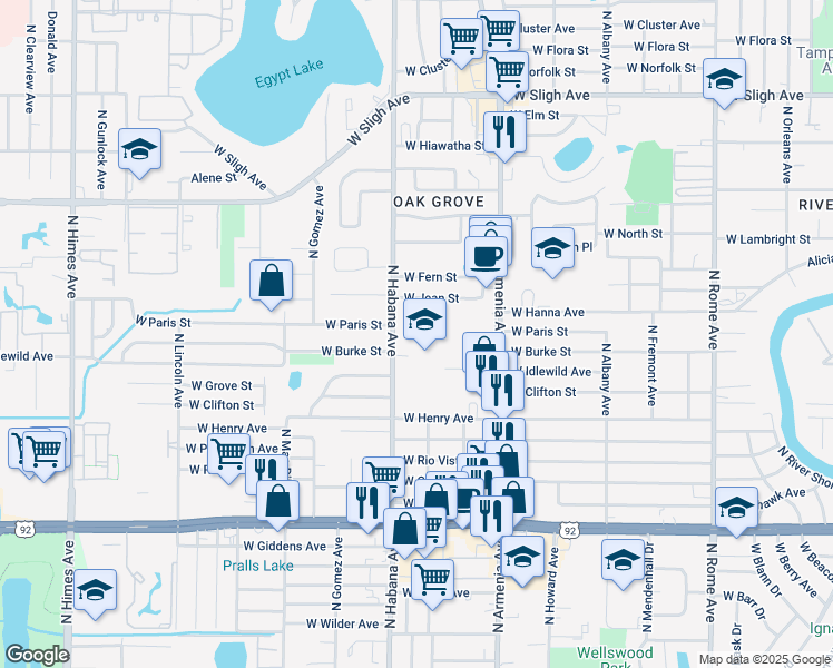 map of restaurants, bars, coffee shops, grocery stores, and more near 6101 North Habana Avenue in Tampa