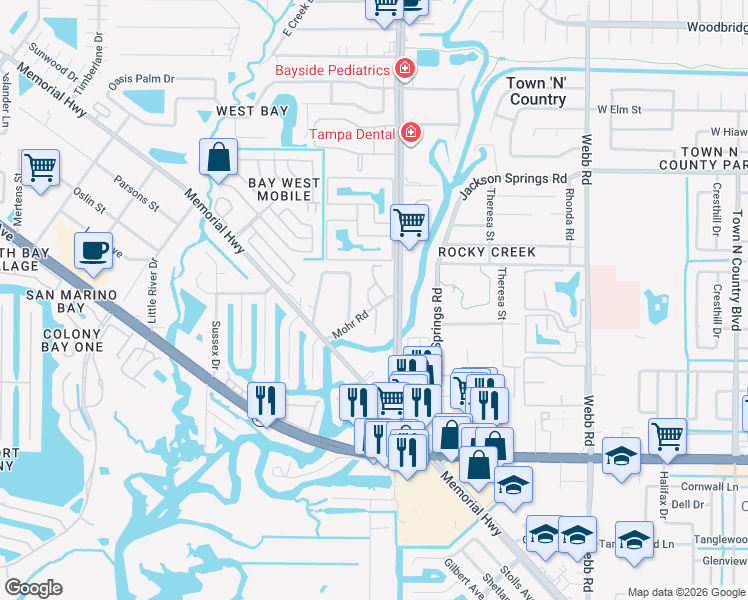 map of restaurants, bars, coffee shops, grocery stores, and more near 5931 Mohr Road in Tampa