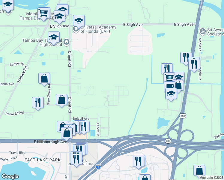 map of restaurants, bars, coffee shops, grocery stores, and more near 8010 Down Royal Road in Tampa