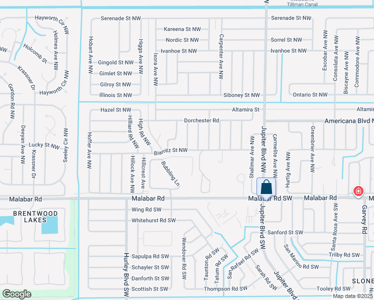 map of restaurants, bars, coffee shops, grocery stores, and more near 1132 Biarritz Street Northwest in Palm Bay