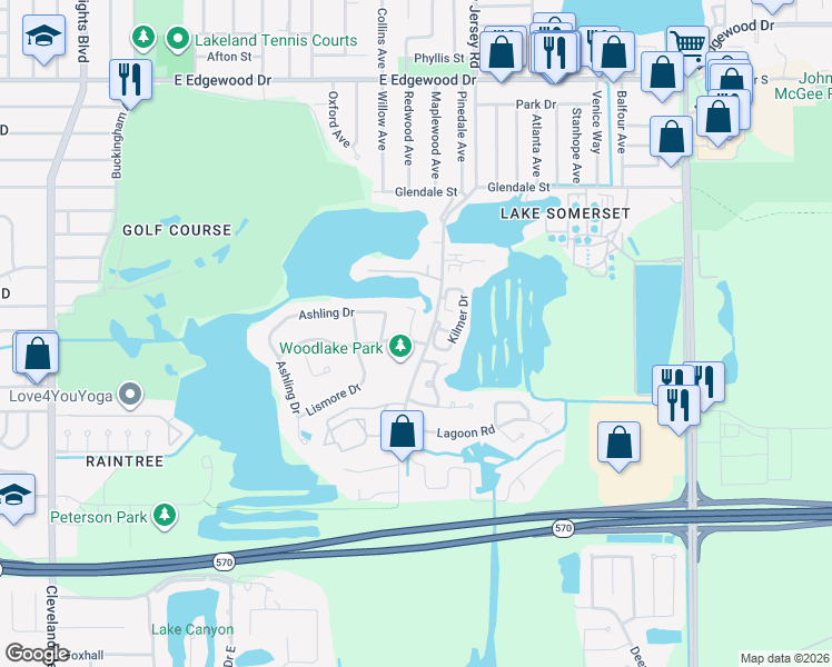 map of restaurants, bars, coffee shops, grocery stores, and more near 3404 Whitman Drive in Lakeland