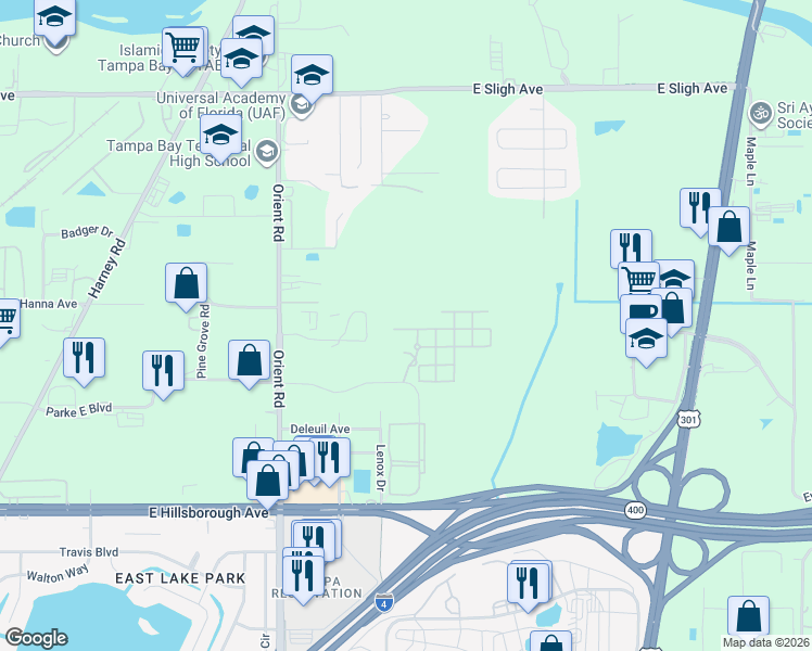 map of restaurants, bars, coffee shops, grocery stores, and more near 5917 Fairyhouse Lane in Tampa