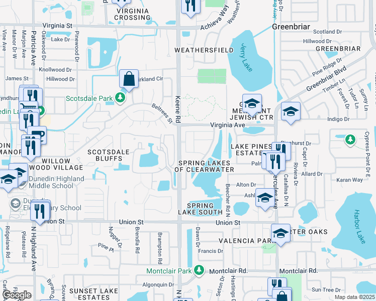 map of restaurants, bars, coffee shops, grocery stores, and more near 2220 Springrain Drive in Clearwater
