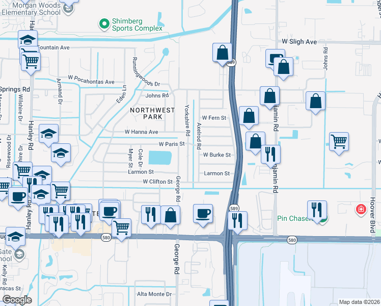 map of restaurants, bars, coffee shops, grocery stores, and more near 5916 Yorkshire Road in Tampa