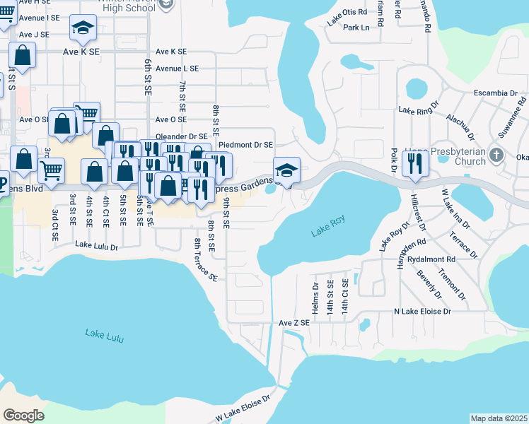 map of restaurants, bars, coffee shops, grocery stores, and more near 940 Avenue T Southeast in Winter Haven