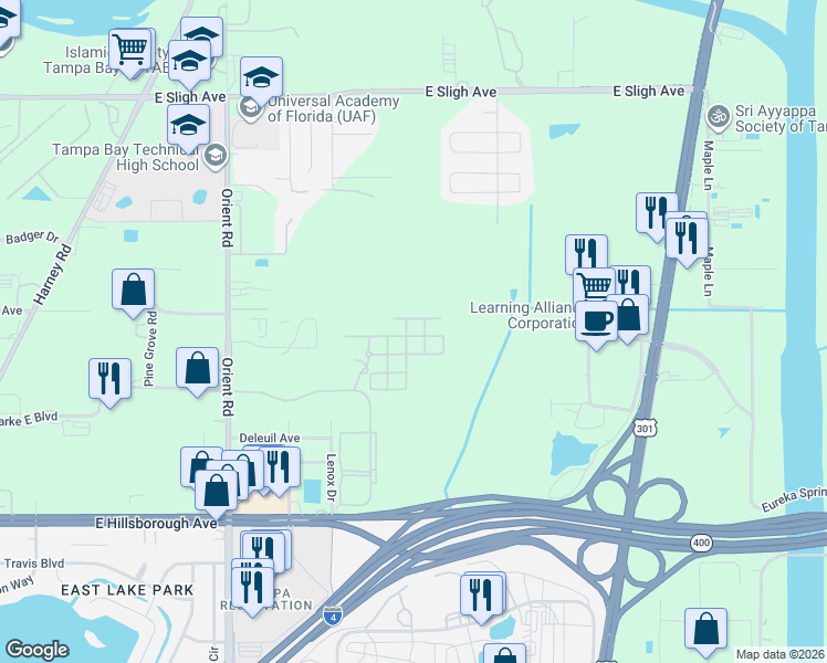 map of restaurants, bars, coffee shops, grocery stores, and more near 8010 Down Royal Road in Tampa