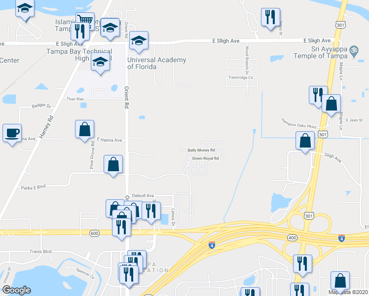 map of restaurants, bars, coffee shops, grocery stores, and more near 5917 Fairyhouse Lane in Tampa