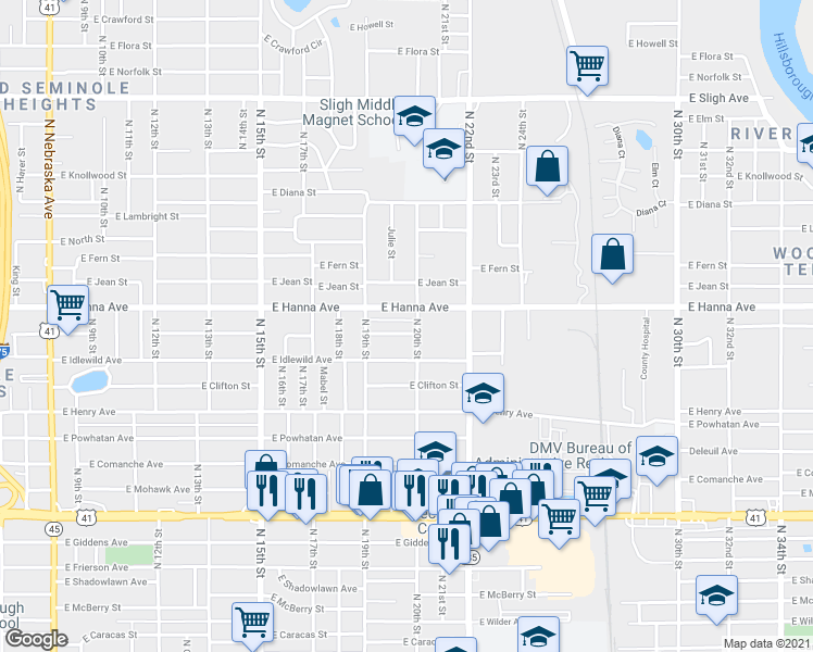 map of restaurants, bars, coffee shops, grocery stores, and more near 1922 East Idlewild Avenue in Tampa
