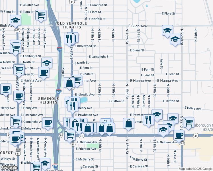 map of restaurants, bars, coffee shops, grocery stores, and more near 1211 East Paris Street in Tampa