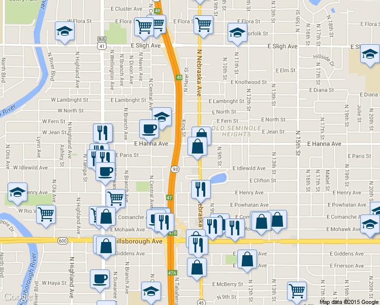 map of restaurants, bars, coffee shops, grocery stores, and more near 815 East Paris Street in Tampa