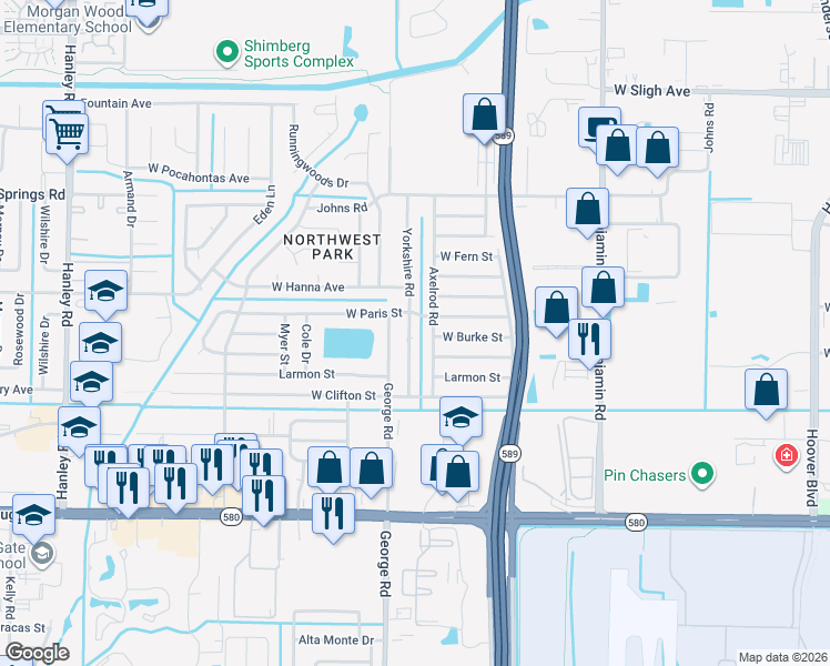 map of restaurants, bars, coffee shops, grocery stores, and more near 5916 Yorkshire Road in Tampa