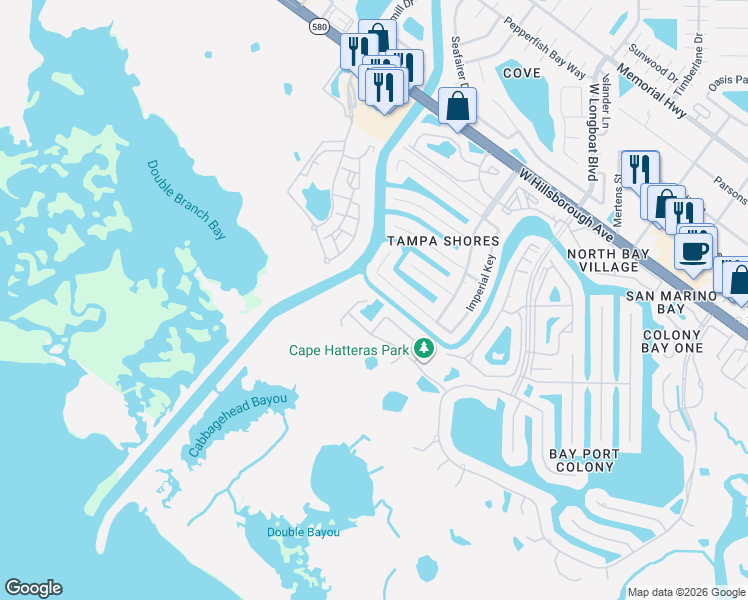 map of restaurants, bars, coffee shops, grocery stores, and more near 10627 Hatteras Drive in Tampa